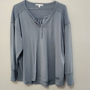 Seven7 Dusty Blue Long Sleeve Henley with Waffle Knit Shoulders